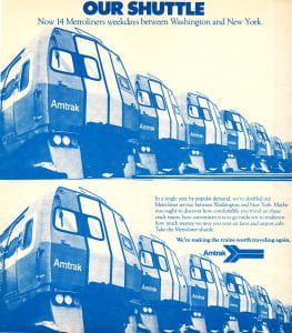 Amtrak Metroliner Promotion showing a line of Metroliners 