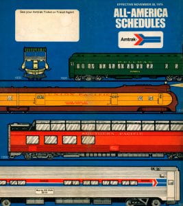 Amtrak All-America Schedules November 30, 1975. Cover shows illustrations of trains dating back to 1830.