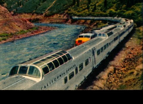 Illustration of a streamliner train passing a mountain landscape and river with text that reads California Zephyr - Glenwood Canyon, Colorado River