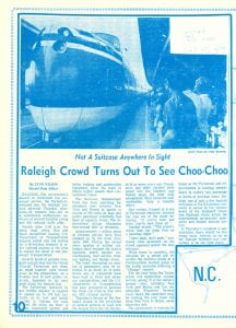 article clipping with photograph of TurboTrain and headline "Raleigh Crowd Turns Out to See Choo-Choo"