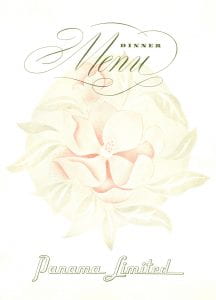 Illinois Central Panama Limited menu with a large illustration of a pink flower