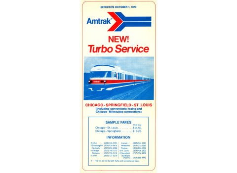 Amtrak Chicago-Springfield-St. Louis Schedules Oct. 1, 1973 with Turboliner on front