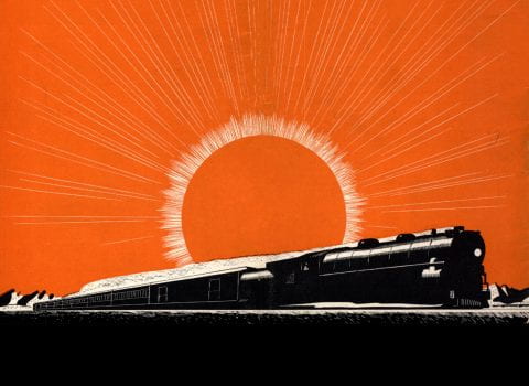 Sunset Limited train set against an orange background with a sun illustration