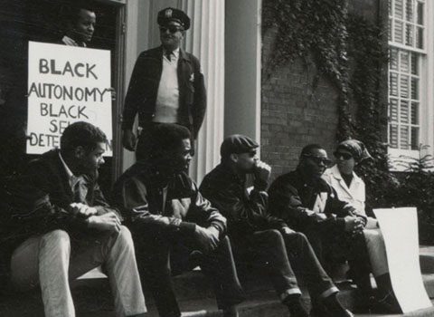 Black Northwestern University students on the steps of the Bursar’s Office, May 3, 1968 