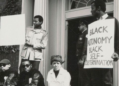 Black Northwestern University students on the steps of the Bursar’s Office, May 3, 1968
