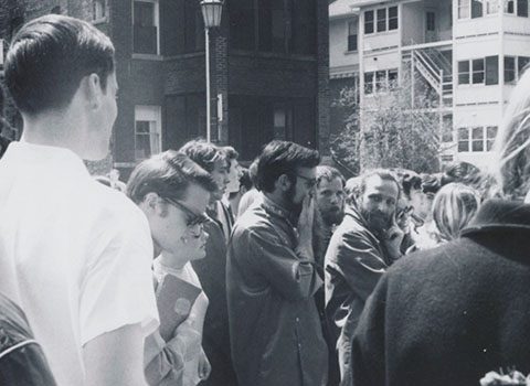 Crowd gathers in front of the Bursar’s Office, May 3, 1968