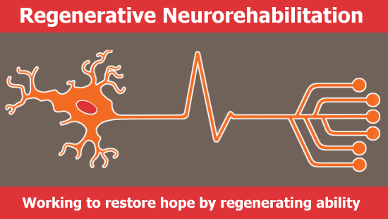 A logo of a neuron that connects to an electrode array. Text reads: Regenerative Neurorehabilitation, working to restore hope by regenerating ability.