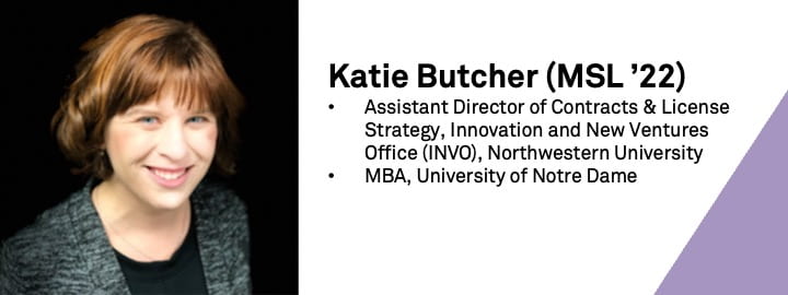 Headshot of Katie Butcher (MSL '22) with her title and background (Assistant Director of Contracts & License Strategy, Innovation and New Ventures Office (INVO), Northwestern University; MBA, University of Notre Dame)