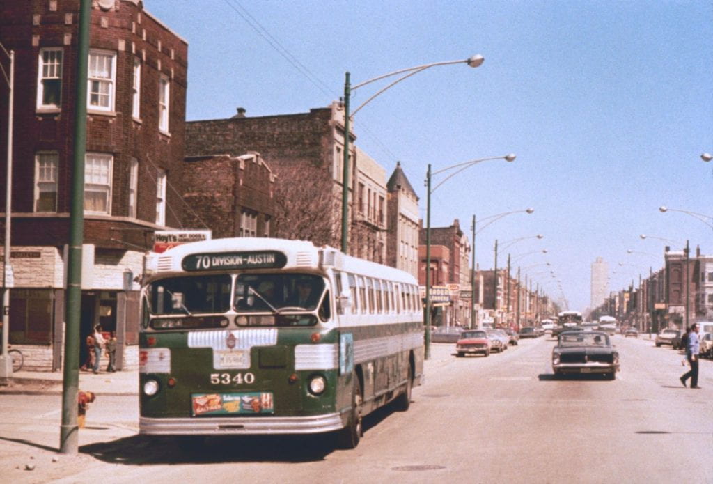 CTA Bus on Division Street at Oakley, Chicago. 1972.
