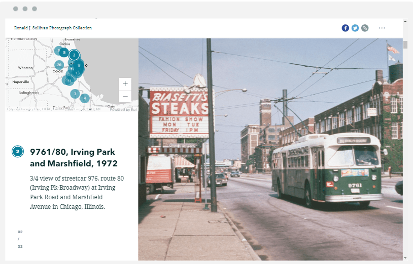 screen capture showing StoryMap including a bus at the corner of Irving Park & Marshfield