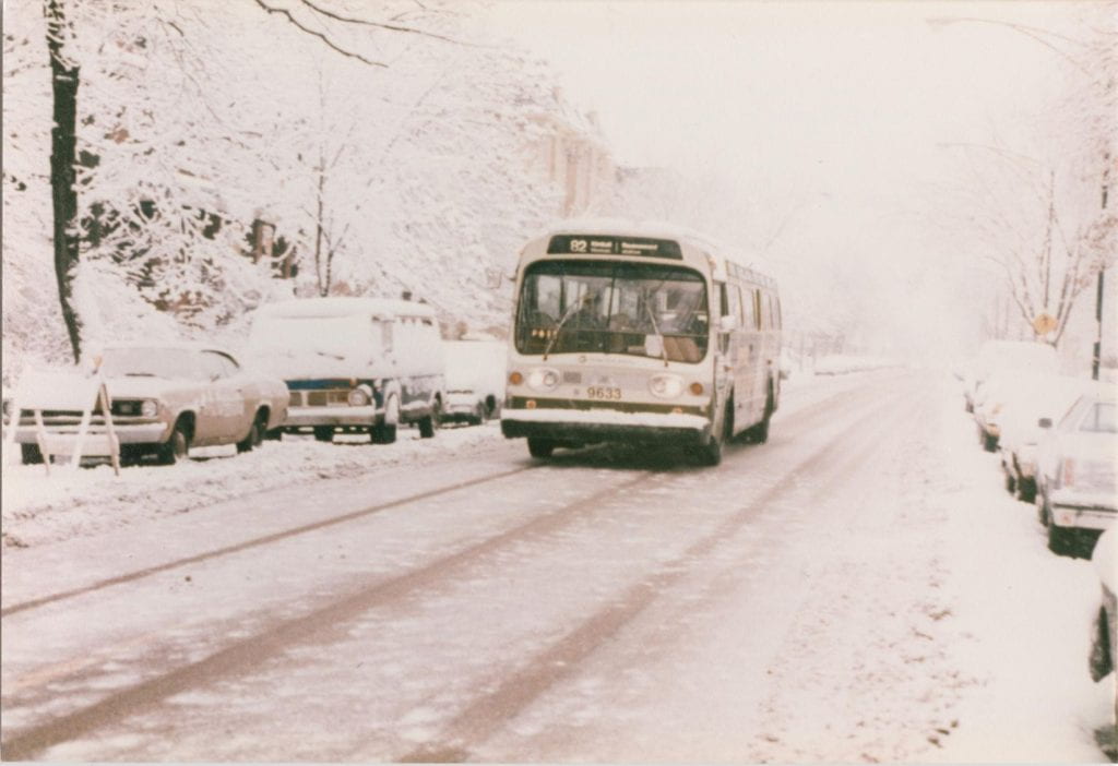 CTA bus in snow, corner of Kimball & Argyle. 1978.
