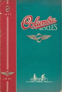 Columbia Bicycles catalog with logo, brand name, and illustration of two cyclists in silhouette 