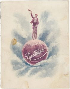 Lyndhurst Cycles catalog with an illustration of a cyclist riding atop a globe