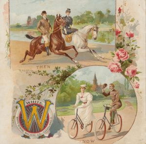 Illustrations of people riding horses and bicycling with captions "Then" and "Now."