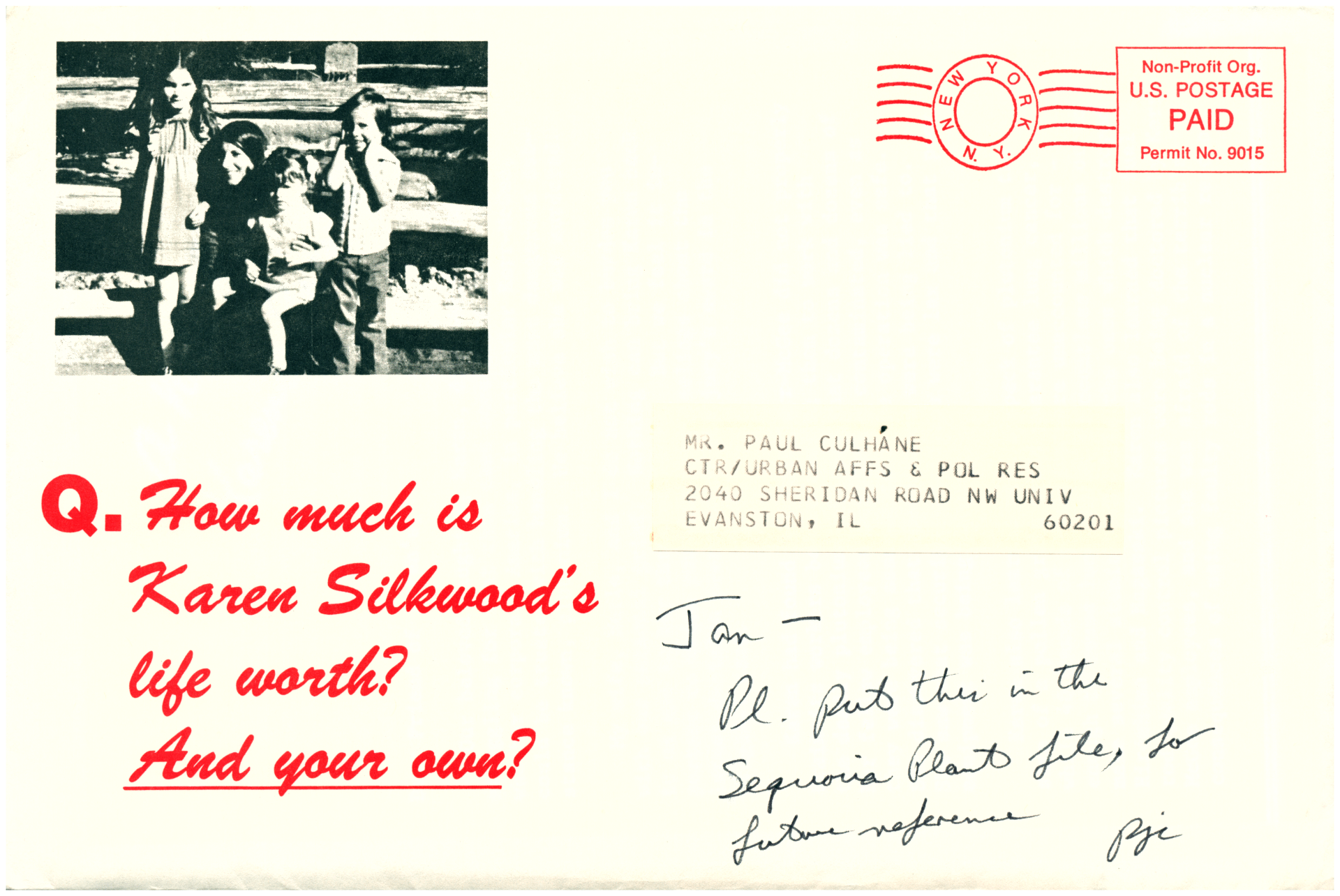 Envelope with address in upper right corner, picture of Karen Silkwood with children in the upper left corner and the text "How much is Karen Silkwood's life worth? And your own?"