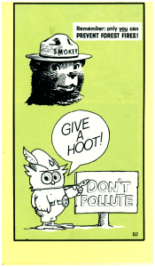 Smokey the bear with the text "Remember: only you can prevent forest fires" next to his head. Woodsy Owl, an owl in a hat is below smokey on the pamphlet saying "Give a hoot" pointing to a sign that reads "Don't pollute"