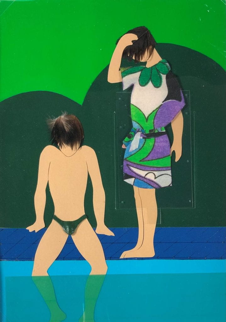 Two paper cut out white male figures at a pool, depicted with variations of blue at the bottom of the piece, with green collage background.