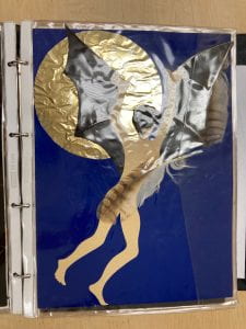 Collage of a naked figure with bat wings against a deep blue background and gold foil circle.