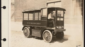 an electric vehicle painted with "The New York Edison Company" "electric delivery service"