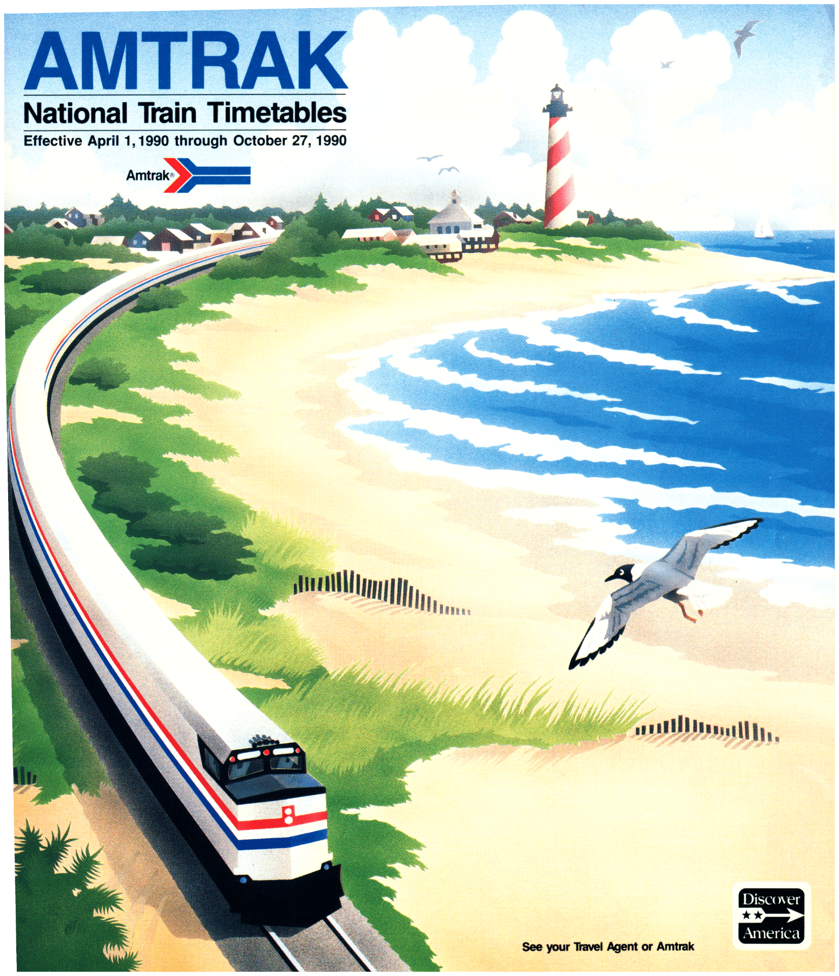 Amtrak train passing by the ocean and a lighthouse