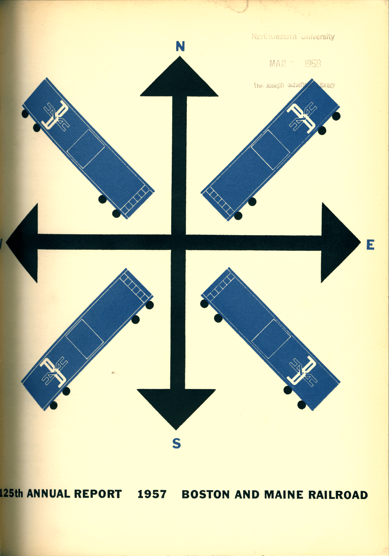 A cross made of four arrows with four train cars going out of the corners of the cross