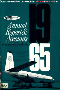 Front cover of annual report with plane in front of giant print text 1965