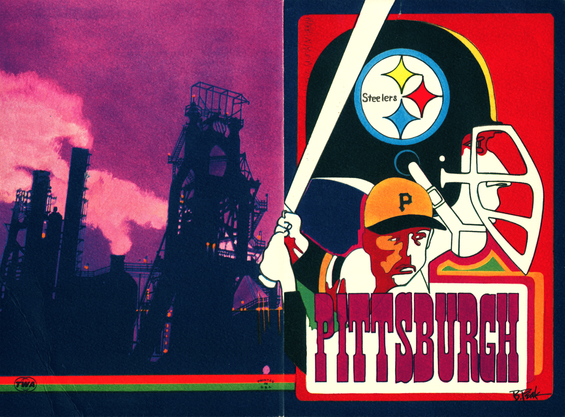 a football player in profile behind a baseball player about to take a swing with their bat. Nest to them is the silhouette of industrial buildings and smokestacks against the sky