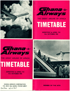 front cover of Ghana Airways timetable showing a plane flying and people boarding another plane