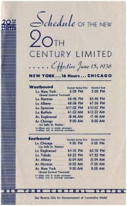 New York Central railroad schedule for the 20th Century Limited, effective June 15, 1938
