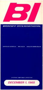 Braniff International timetable for December 1, 1965. BI logo is at top.