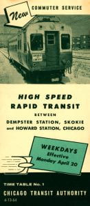 CTA Timetable No.1 for the Skokie Swift. Photo of a CTA railcar. Text includes "New commuter service. High speed rapid transit between Dempster Station, Skokie and Howard Station, Chicago. Weekdays effective April 20."