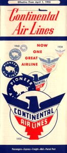 Continental Air Lines timetable effective April 1, 1955 with illustration of Pioneer Air Lines' and Continental Air Lines' logos coming together and Continental's emerging in the front