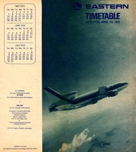  Eastern Airlines timetable for April 30, 1972 with an image of an L-1011 flying above the clouds