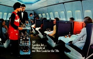 photo of beverage service on a 747 interior with text "747 Garden Jet ... Highlight of our New Look for the '70s"
