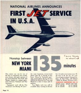 Text with header "National Airlines announces first jet service in USA. Nonstop between New York Miami 135 minutes."