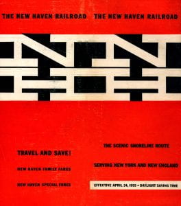 New Haven Railroad timetable for April 24, 1955. Includes the railroad's NH logo at top and text "Travel and Save! New Haven Family Fares / New Haven Special Fares. The Scenic Shoreline route Serving New York and New England."