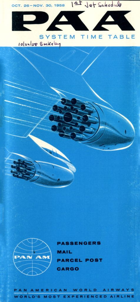 Pan Am timetable cover for October 36 - November 30, 1958. Illustration of a jet engine.