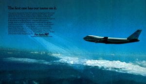 Photo of Pan Am 747 flying above the clouds. Text begins with the header "The first one has our name on it."