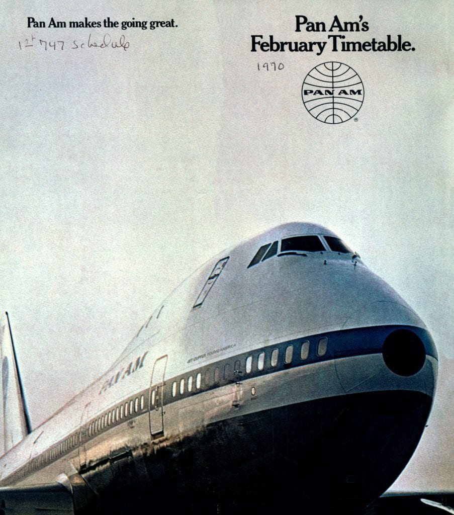 Text reads "Pan Am's February Timetables." Photo of a Pan Am 747.