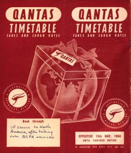 Qantas timetable effective May 15, 1964 with an illustration of a globe inside a transparent gift box.