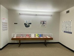 A photo of "Timetable Firsts" exhibit in the Transportation Library