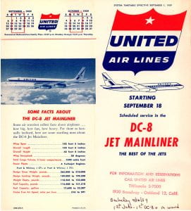United Airlines timetable for September 1, 1959. Includes an illustration and a photo of the DC-8 and text "Starting September 18, scheduled service in the DC-8 Jet Mainliner / the best of the jets."