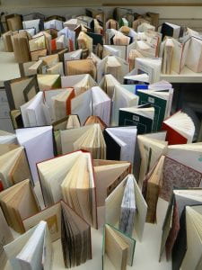 Books on a table standing open and upright with pages fanned