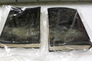 Two black books laid on a table, both with grey mold sections
