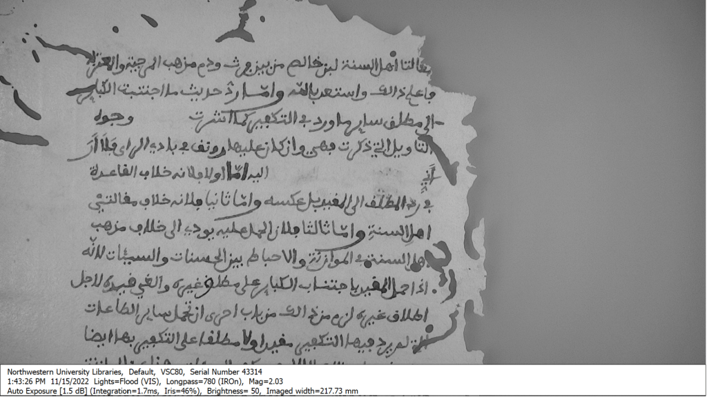 Black and white image of paper with tears with black Arabic script on it.