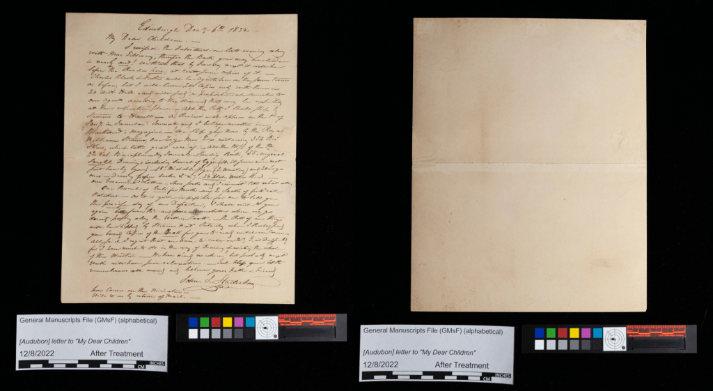 2 images in one slide of the front of a letter with manuscript writing and the blank back of the letter.