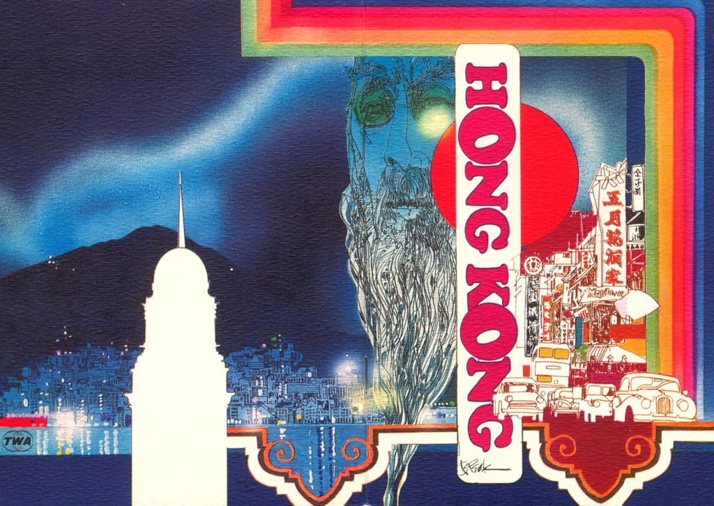 Text reads "hong kong." Illustrations of Hong Kong street and skyline, with a bearded man behind text. A rainbow image is featured throughout.