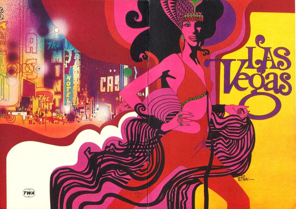 Illustration featuring a showgirl and the neon lights of casinos. Text reads "Las Vegas."