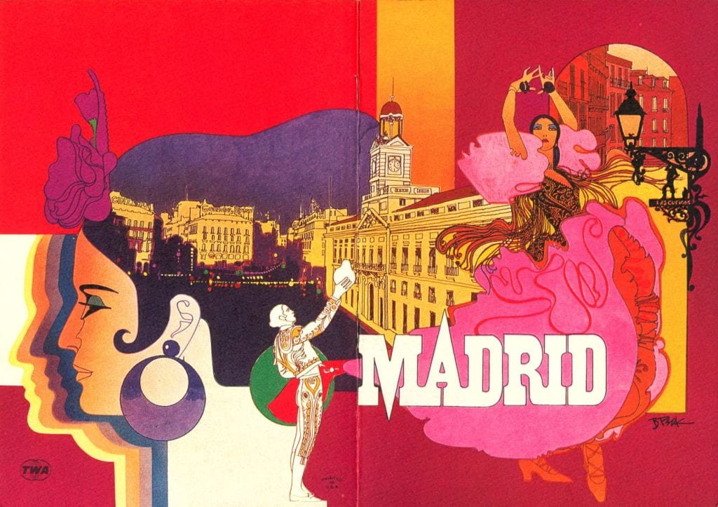 illustration of a woman in profile, a city plaza, and a woman dancing with arms raised above her head. Text reads "Madrid."