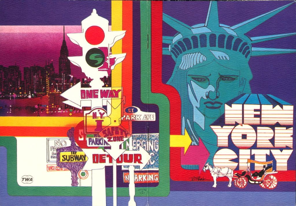 illustration including the Statue of Liberty, street signs, the New York City skyline, and a hansom cab. text reads "New York City."